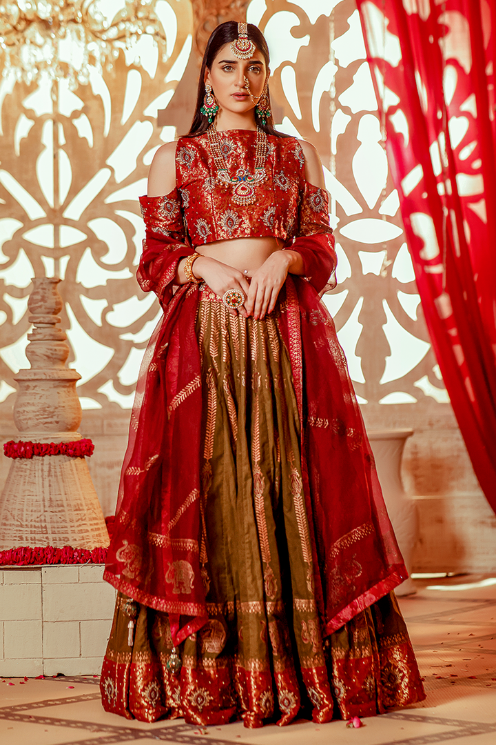 Pure Cotton Mehndi Green Hand-Blocked Lehnga with Banarasi Jamawar Off-Shoulder Choli