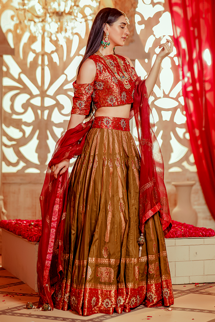 Pure Cotton Mehndi Green Hand-Blocked Lehnga with Banarasi Jamawar Off-Shoulder Choli