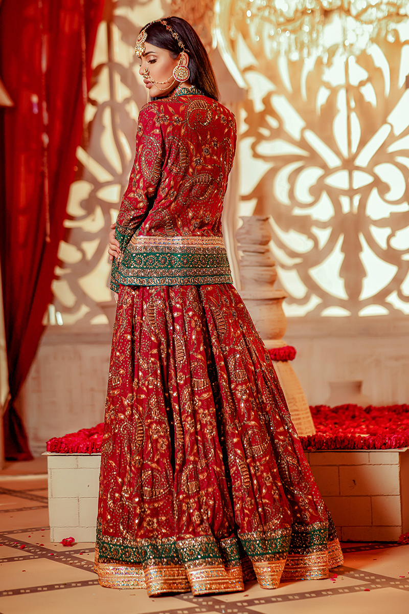 Burgundy Lehnga with Front Open Choli, Sequin & Aari Work, and Peach Khaadi Net Dupatta