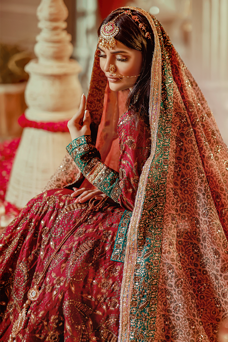Burgundy Lehnga with Front Open Choli, Sequin & Aari Work, and Peach Khaadi Net Dupatta