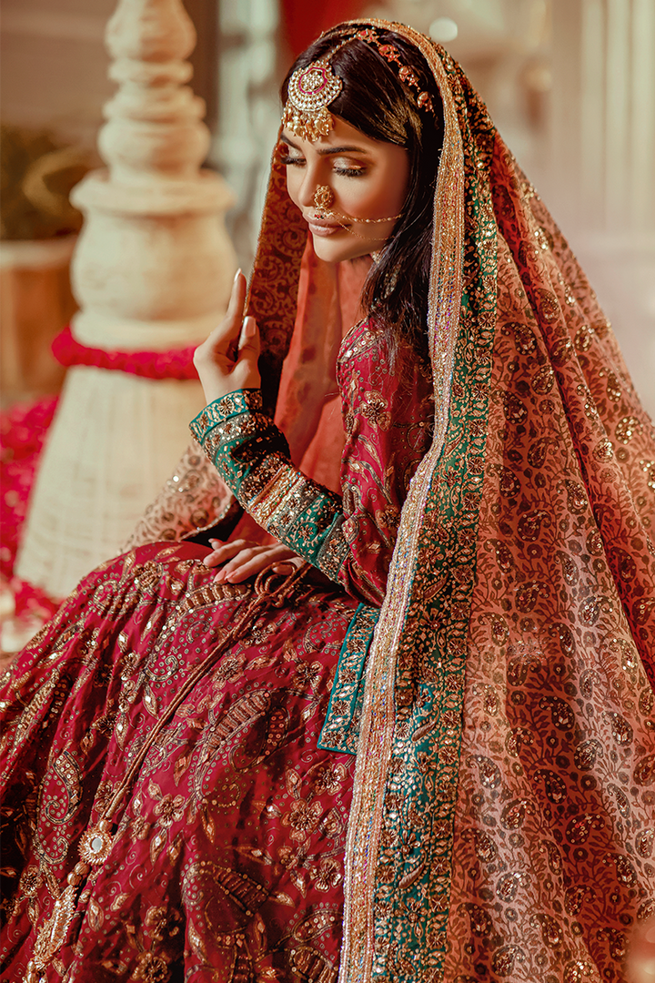 Burgundy Lehnga with Front Open Choli, Sequin & Aari Work, and Peach Khaadi Net Dupatta