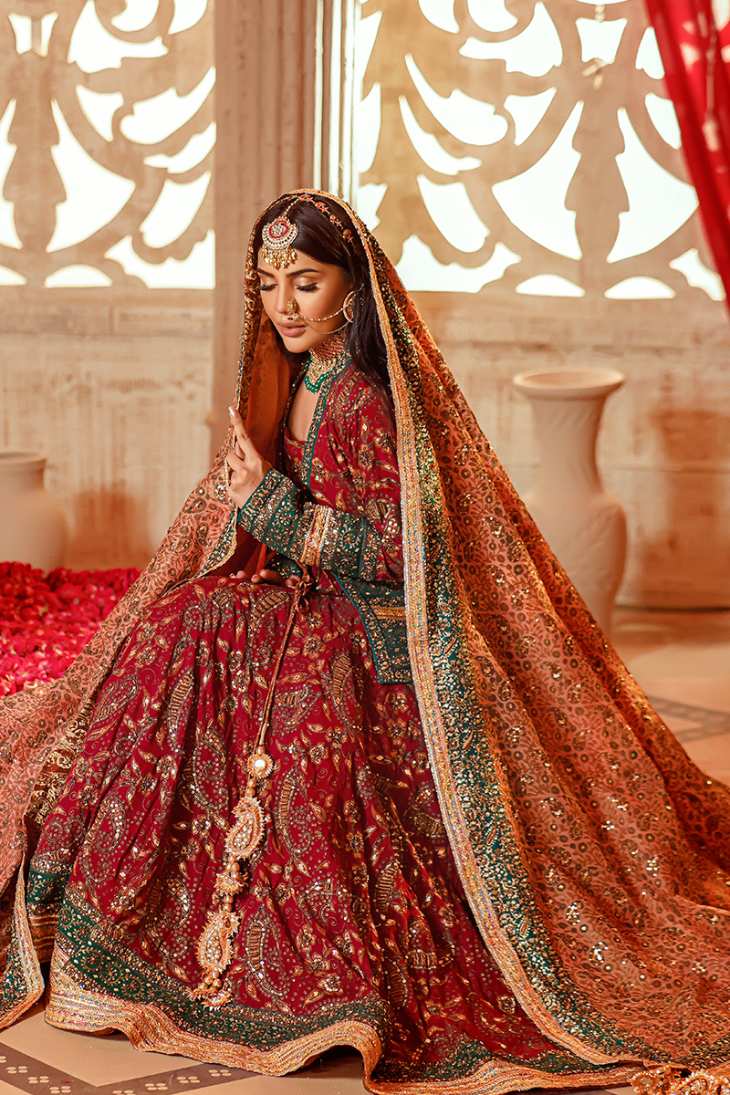 Burgundy Lehnga with Front Open Choli, Sequin & Aari Work, and Peach Khaadi Net Dupatta