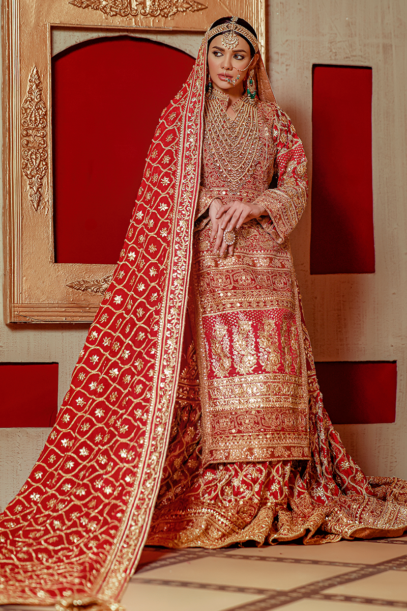 Deep Red Atlas Jamawar Parsle Gharara with Gotta Work and Tilla Sequins Shirt