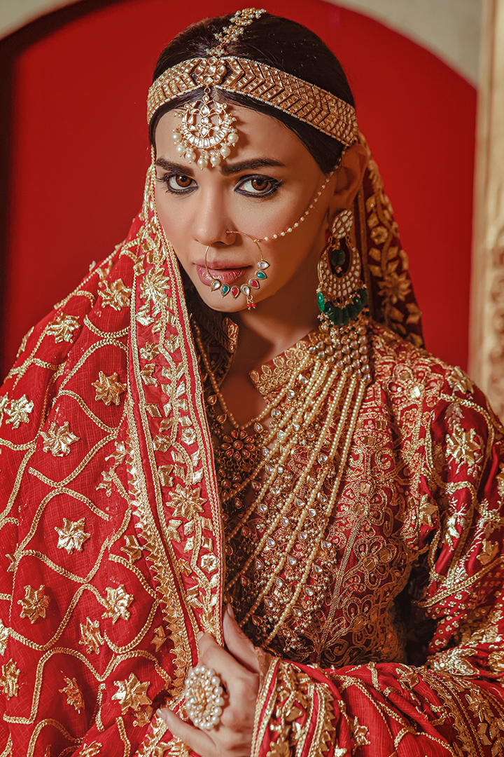 Deep Red Atlas Jamawar Parsle Gharara with Gotta Work and Tilla Sequins Shirt
