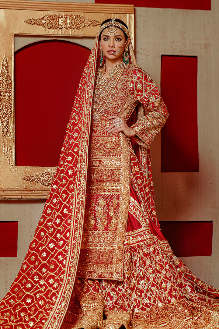 Deep Red Atlas Jamawar Parsle Gharara with Gotta Work and Tilla Sequins Shirt