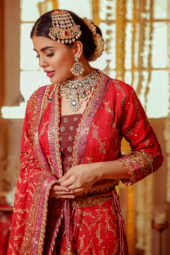 Deep Red Lehnga Choli with Dull Gold Marori and Sequins Work