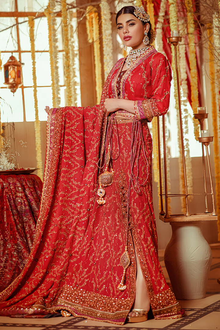 Deep Red Lehnga Choli with Dull Gold Marori and Sequins Work