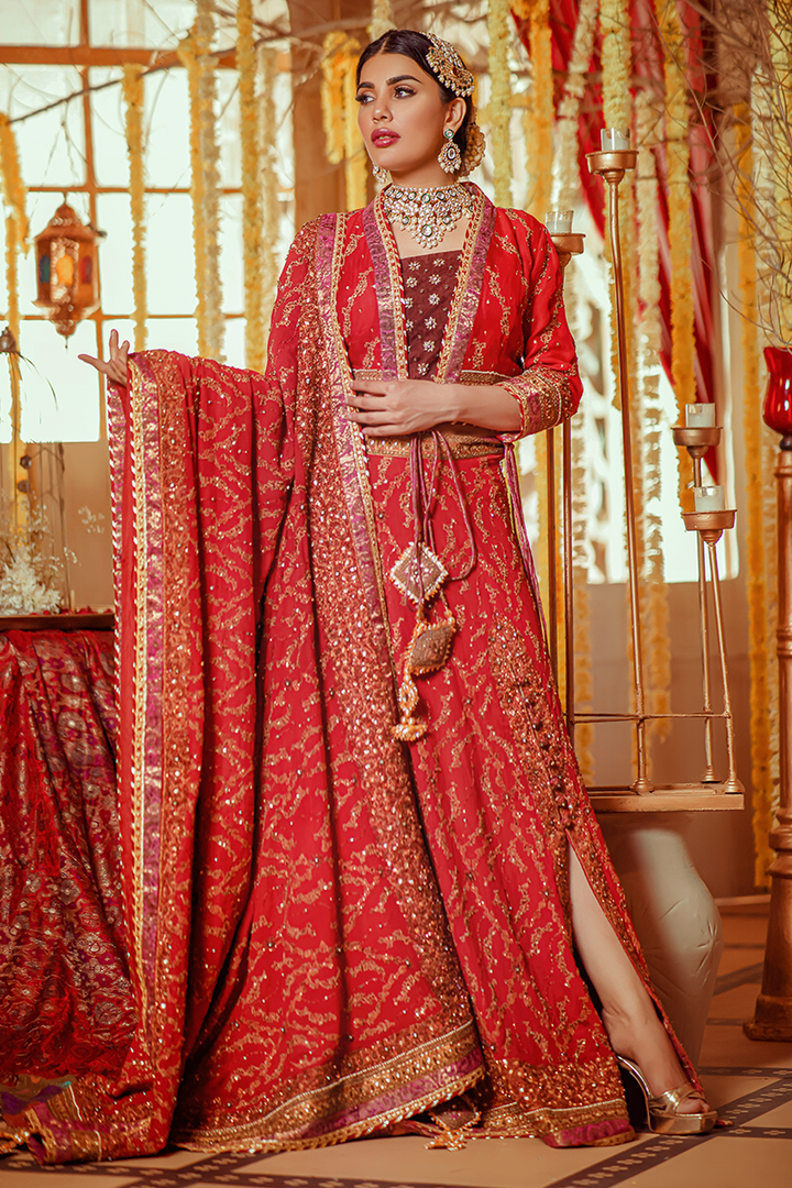 Deep Red Lehnga Choli with Dull Gold Marori and Sequins Work