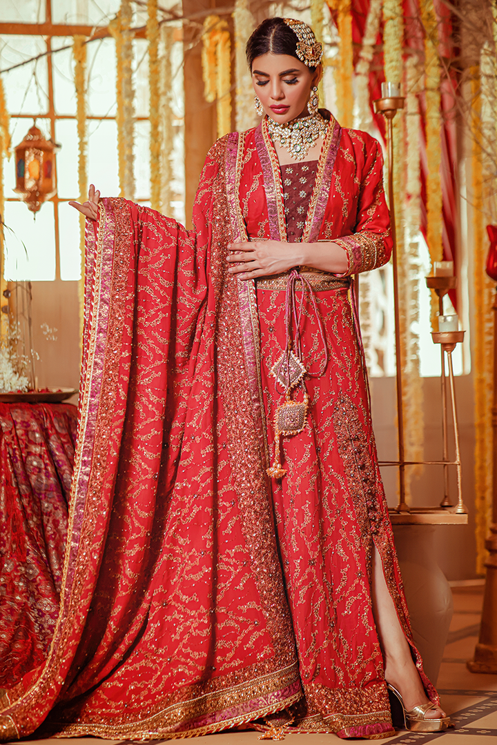 Deep Red Lehnga Choli with Dull Gold Marori and Sequins Work