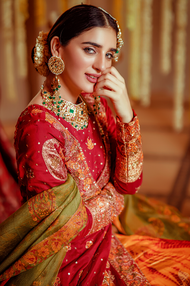 Mustard & Maroon Banarasi Farshi Anarkali with Tilla Resham and Tie-Dye Payjama