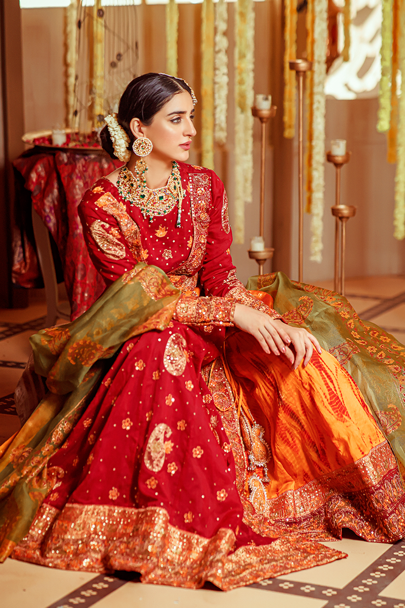 Mustard & Maroon Banarasi Farshi Anarkali with Tilla Resham and Tie-Dye Payjama