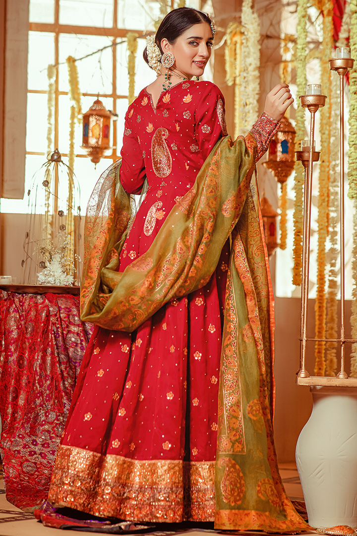 Mustard & Maroon Banarasi Farshi Anarkali with Tilla Resham and Tie-Dye Payjama