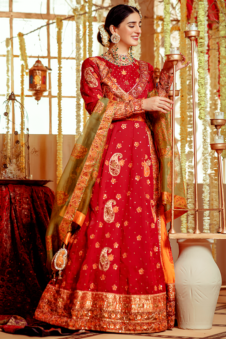 Mustard & Maroon Banarasi Farshi Anarkali with Tilla Resham and Tie-Dye Payjama