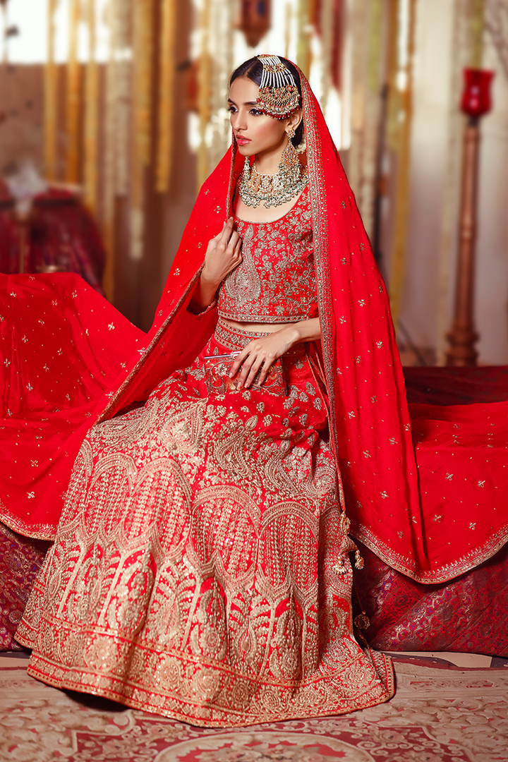 Deep Red Lehnga Choli with Dull Gold Marori and Sequins Embellishment