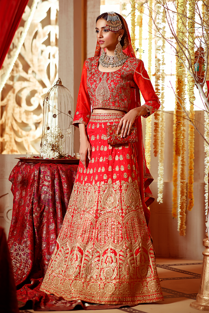 Deep Red Lehnga Choli with Dull Gold Marori and Sequins Embellishment
