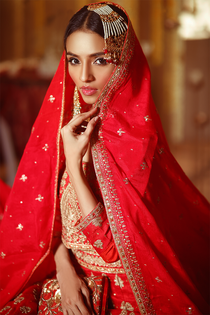 Deep Red Lehnga Choli with Dull Gold Marori and Sequins Embellishment