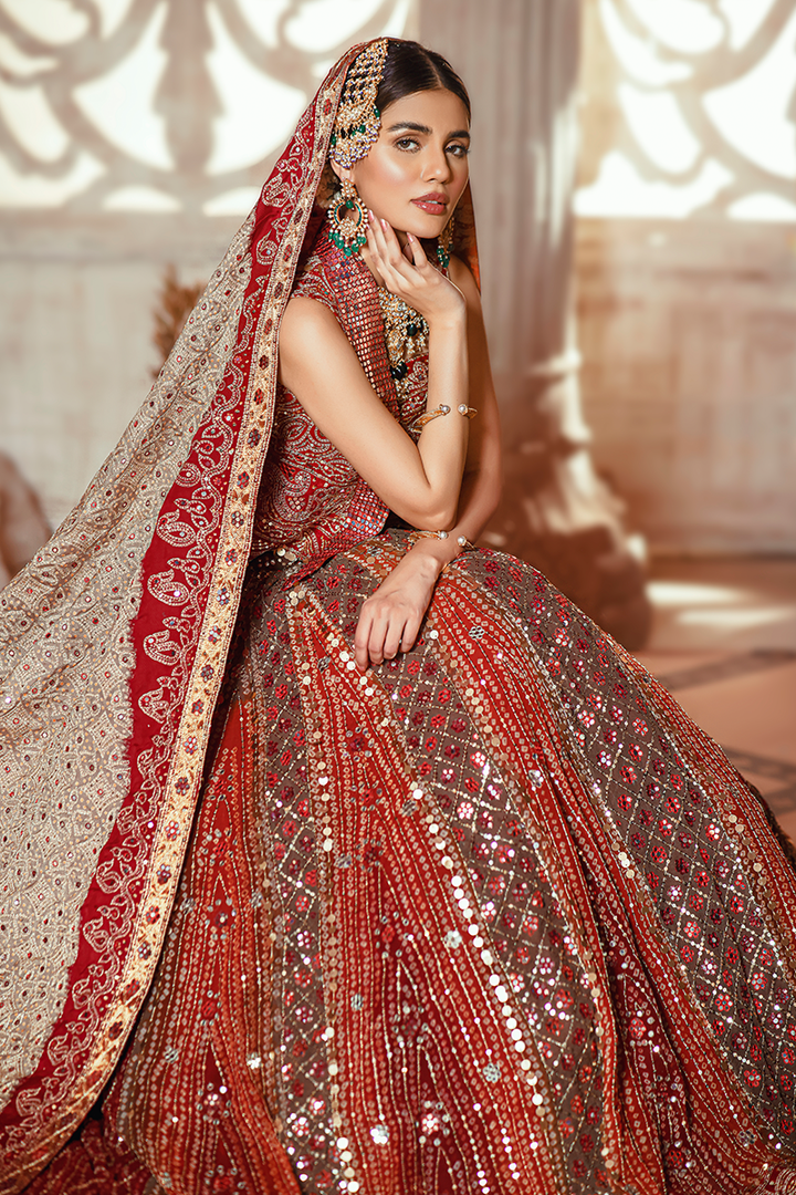Two-Toned Burgundy & Rust Chunri Lehnga with Sequin Beads and Jacket Choli