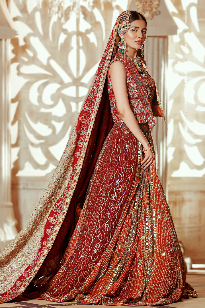 Two-Toned Burgundy & Rust Chunri Lehnga with Sequin Beads and Jacket Choli