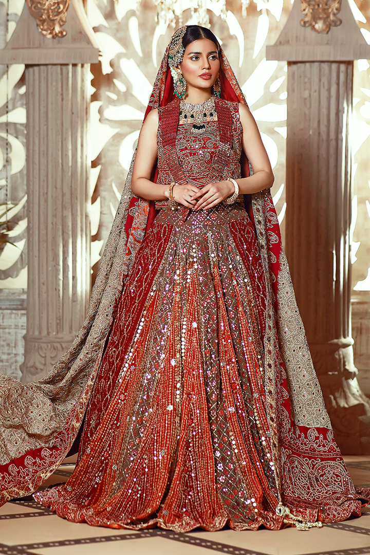 Two-Toned Burgundy & Rust Chunri Lehnga with Sequin Beads and Jacket Choli