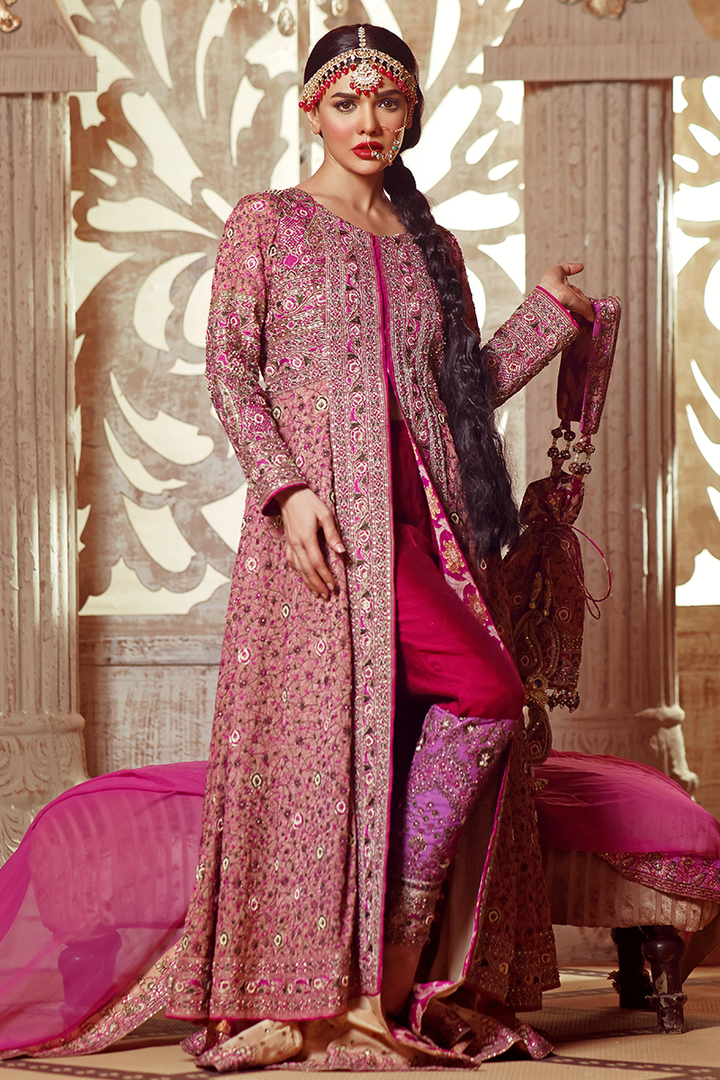 Coffee Beige Resham Jamavar Farshi Anarkali with Fuchsia Dupatta & Potli Bag