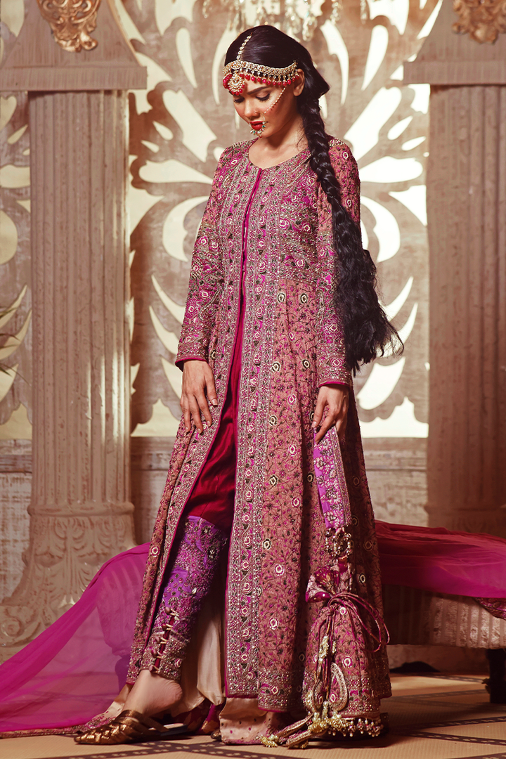 Coffee Beige Resham Jamavar Farshi Anarkali with Fuchsia Dupatta & Potli Bag