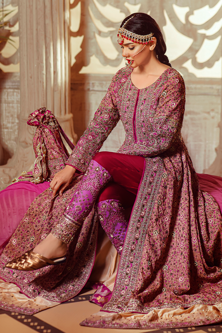 Coffee Beige Resham Jamavar Farshi Anarkali with Fuchsia Dupatta & Potli Bag