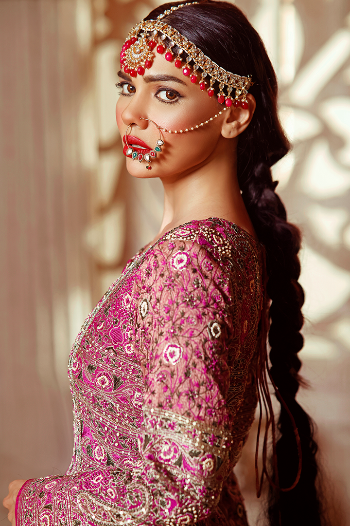 Coffee Beige Resham Jamavar Farshi Anarkali with Fuchsia Dupatta & Potli Bag