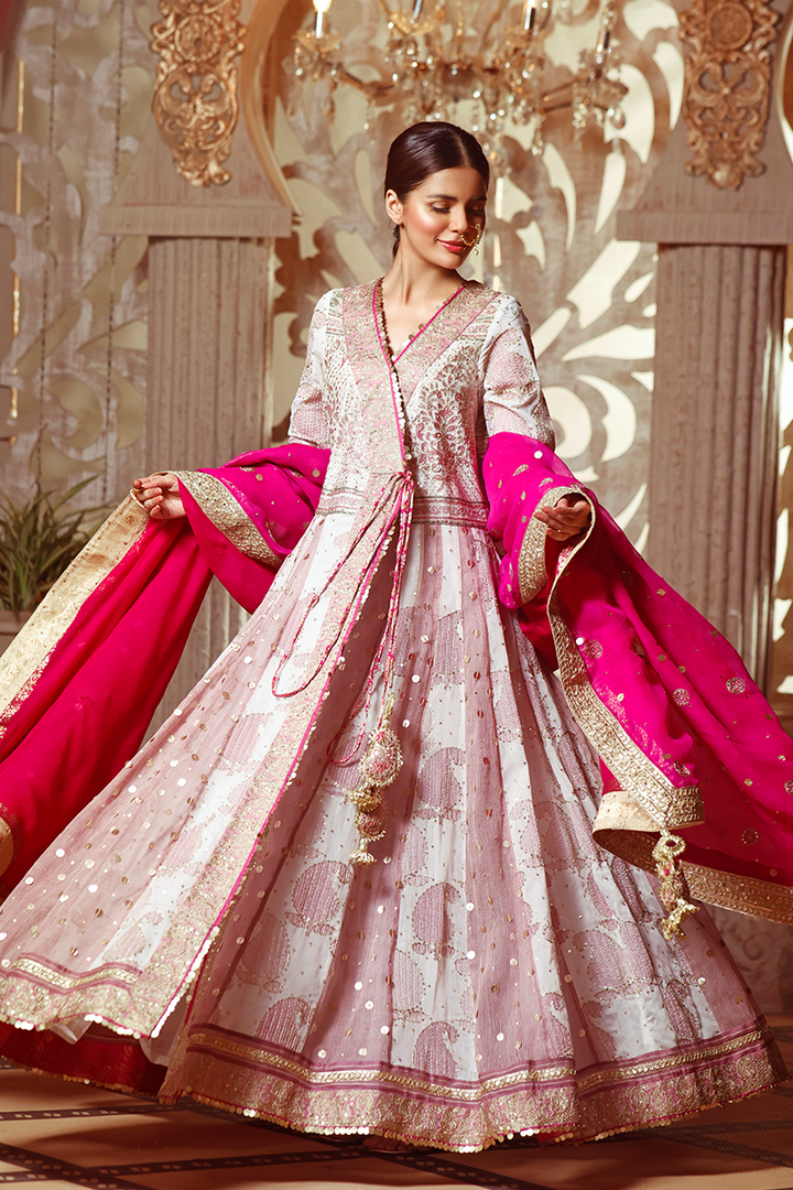 Off-White & Champagne Lawn Hand-Blocked Farshi Angarkha with Tilla and Sequins