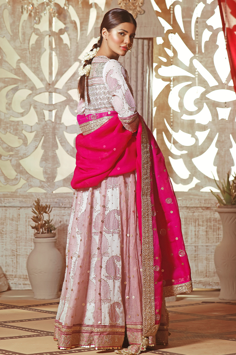 Off-White & Champagne Lawn Hand-Blocked Farshi Angarkha with Tilla and Sequins