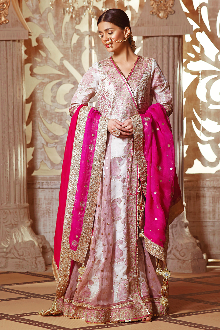 Off-White & Champagne Lawn Hand-Blocked Farshi Angarkha with Tilla and Sequins