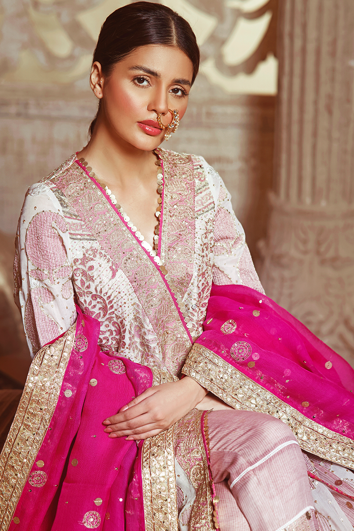 Off-White & Champagne Lawn Hand-Blocked Farshi Angarkha with Tilla and Sequins