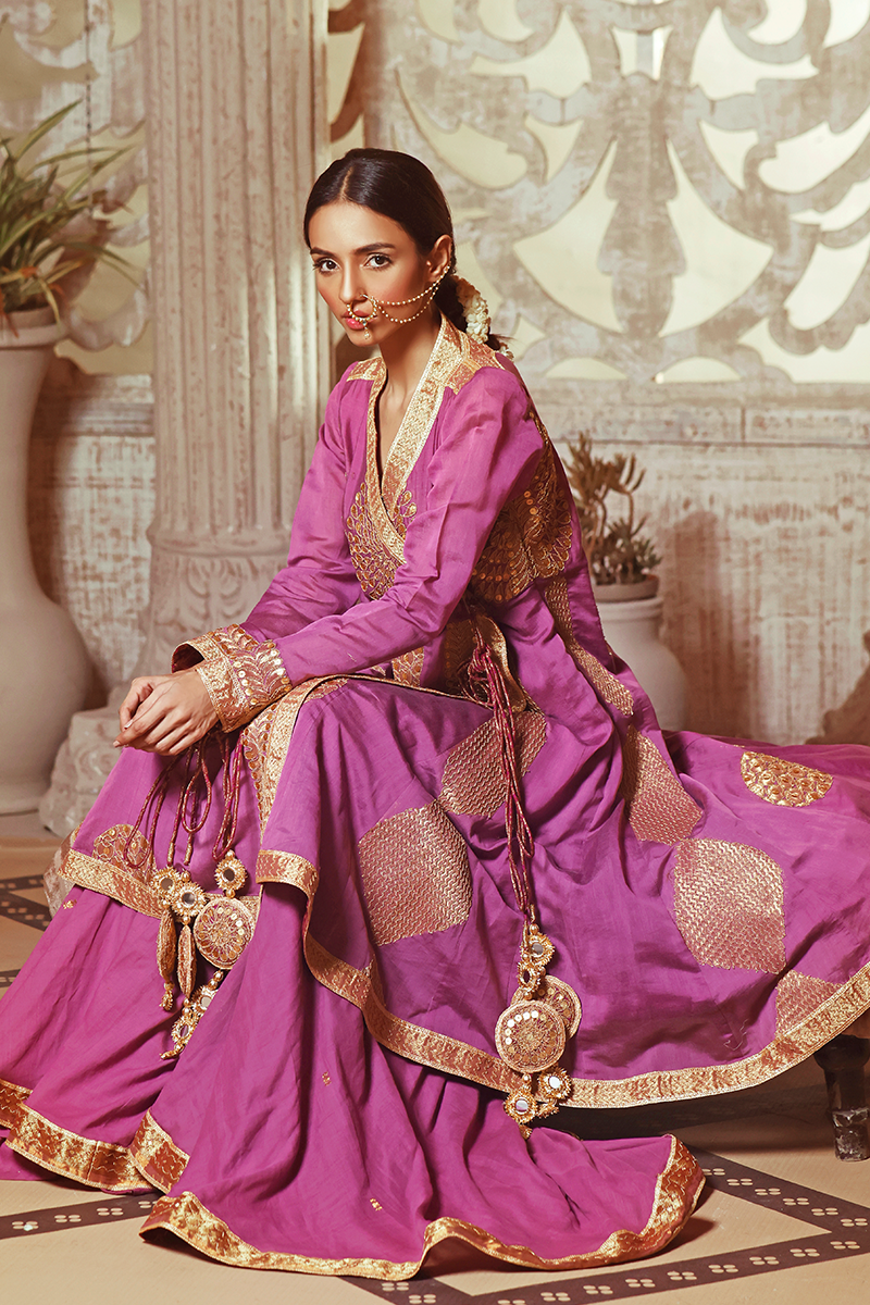 Lavender Banarasi Lawn Short Angarka with Dull Gold Marori & Sequins