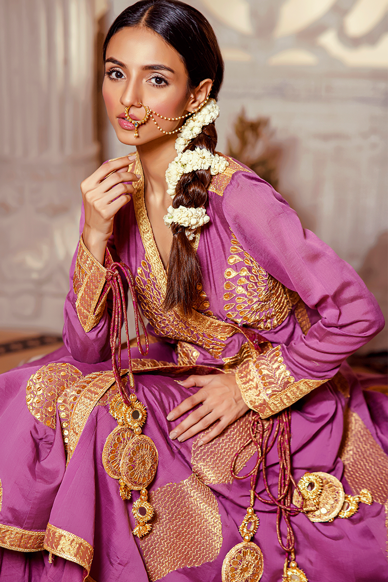 Lavender Banarasi Lawn Short Angarka with Dull Gold Marori & Sequins